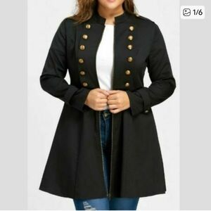 NWOT Rosegal Black Double-Breasted Military-Style Trench Coat with Gold Buttons